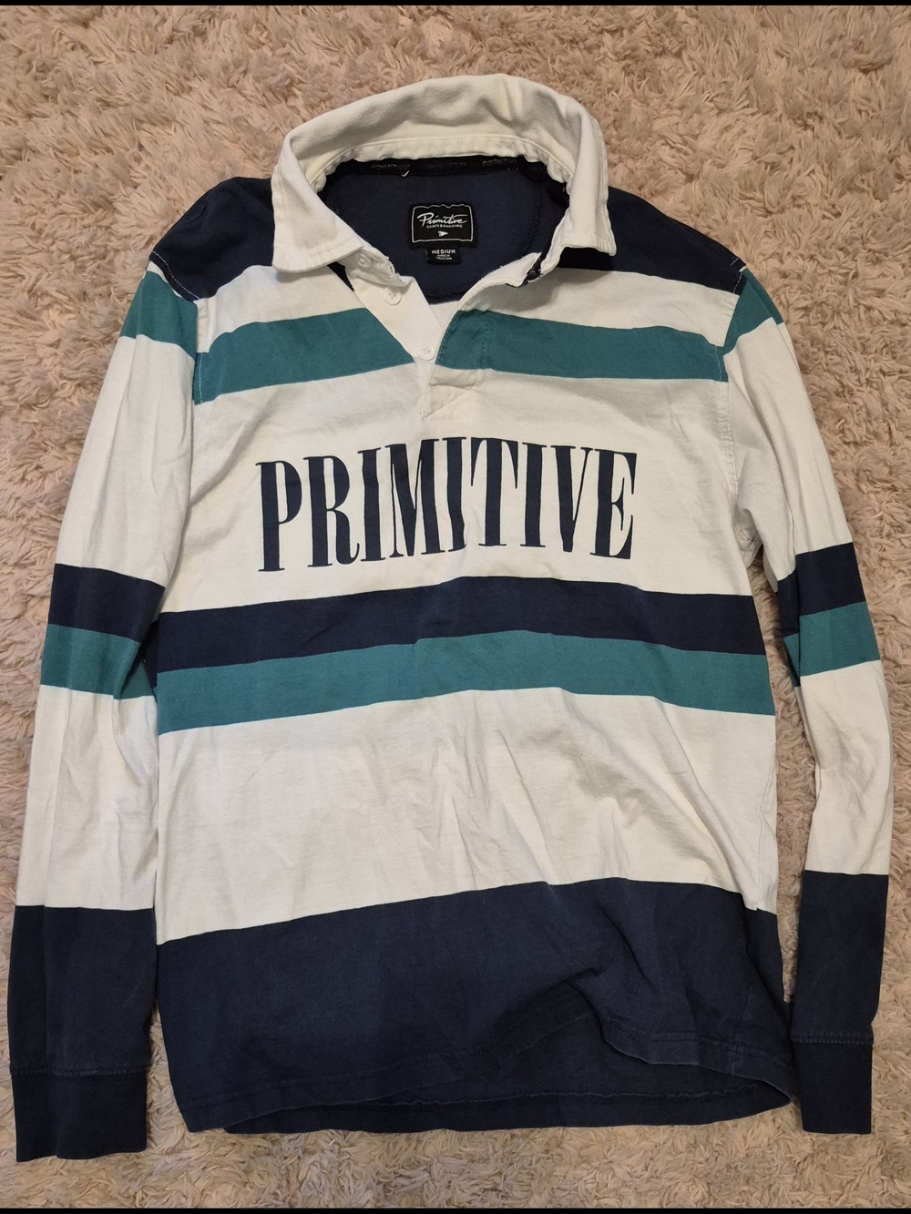 Primitive Men’s White & Teal Striped Rugby Polo